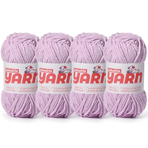 Dickes Chenille-Garn zum Häkeln, weiches, flauschiges Samtgarn zum Häkeln, Amigurumi, flauschiges Stricken von Babydecken, 400 g, 4 x Hellviolett Dickes Chenille-Garn zum Häkeln, weiches, flauschiges Samtgarn zum Häkeln, Amigurumi, flauschiges Stricken von Babydecken, 400 g, 4 x Hellviolett von Sekafris