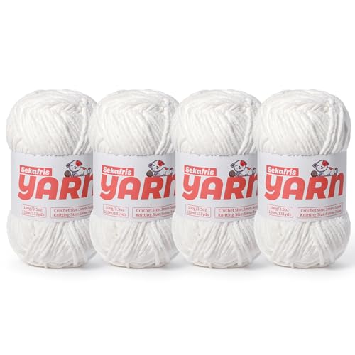 Dickes Chenille-Garn zum Häkeln, weiches, flauschiges Samtgarn zum Häkeln, Amigurumi, flauschiges Stricken von Babydecken, 400 g, 4 x Schneeweiß von Sekafris