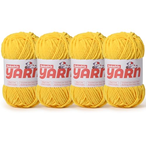 Dickes Chenille-Garn zum Häkeln, weiches, flauschiges Samtgarn zum Häkeln, Amigurumi, flauschiges Stricken von Babydecken, 400 g, 4 x goldgelb von Sekafris