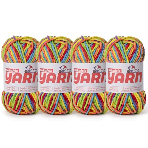 Dickes Chenille-Garn zum Häkeln, weiches, flauschiges Samtgarn zum Häkeln, Amigurumi, flauschiges Stricken von Babydecken, 400 g, 400 g, 4 x Regenbogenfarben von Sekafris