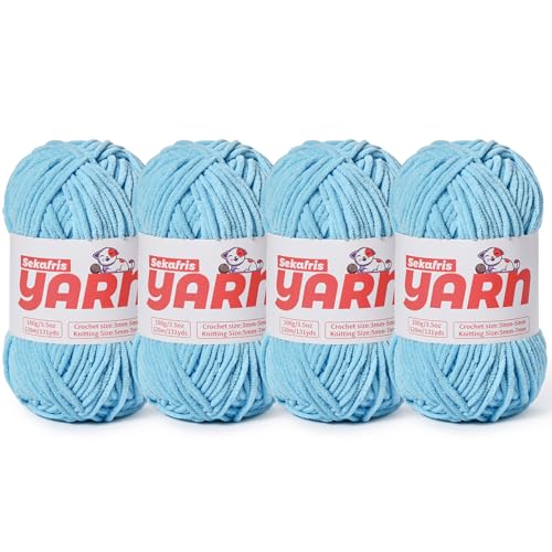 Dickes Chenille-Garn zum Häkeln, weiches, flauschiges Samtgarn zum Häkeln, Amigurumi, flauschiges Stricken von Babydecken, 400 g, 400 g, sperrig (4 Azurblau) von Sekafris