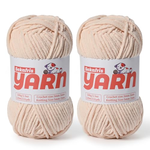 Dickes Chenille-Garn zum Häkeln, weiches, flauschiges Samtgarn zum Häkeln von Amigurumi, flauschiges Babydecken-Stricken, 200 g, 260 m, 2 beige von Sekafris