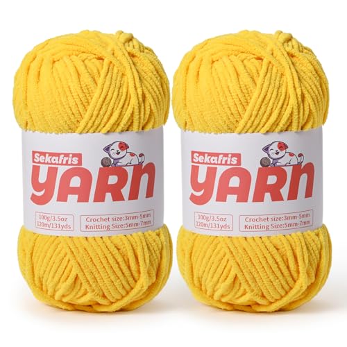 Dickes Chenille-Garn zum Häkeln, weiches, flauschiges Samtgarn zum Häkeln von Amigurumi, flauschiges Babydecken-Stricken, 200 g, sperrig (2 goldgelb) von Sekafris