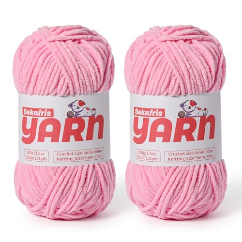 Dickes Chenille-Garn zum Häkeln, weiches, flauschiges Samtgarn zum Häkeln von Amigurumi, flauschiges Stricken von Babydecken, 200 g, 260 m (2 dunkelrosa) von Sekafris