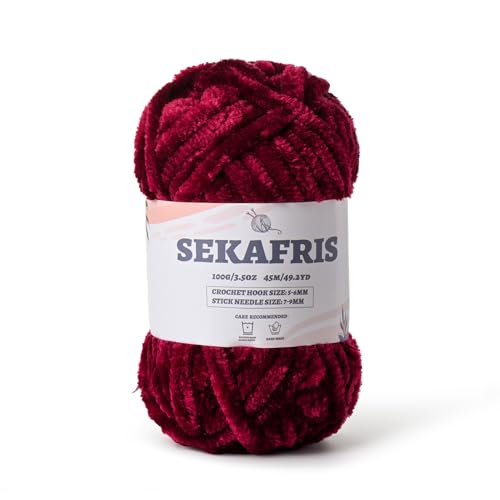 Flauschiges Chenille-Garn zum Häkeln, weiches Plüschgarn zum Handstricken, sperrig, 100 g, Babydeckengarn zum Häkeln, Amigurumi-Garne, Häkeln, flauschiges Samtgarn (Burgunderrot) von Sekafris