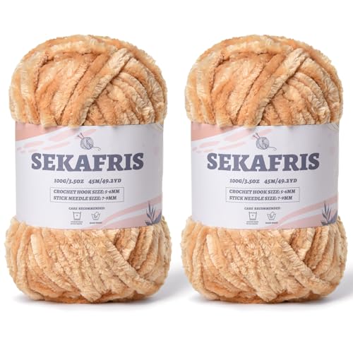 Flauschiges Chenille-Garn zum Häkeln, weiches Plüschgarn zum Handstricken, sperrig, 2 x 100 g, Babydeckengarn zum Häkeln, Amigurumi-Garne, Häkeln, flauschiges Samtgarn (2 Khaki) von Sekafris