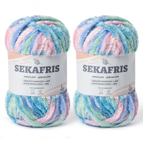 Flauschiges Chenille-Garn zum Häkeln, weiches Plüschgarn zum Handstricken, sperrig, 2 x 100 g, Babydeckengarn zum Häkeln, Amigurumi-Garne, Häkeln, flauschiges Samtgarn (2 x 50 m), 2 x 50 g von Sekafris