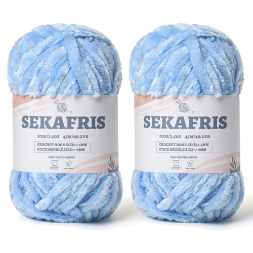 Flauschiges Chenille-Garn zum Häkeln, weiches Plüschgarn zum Handstricken, sperrig, 2 x 100 g, Babydeckengarn zum Häkeln, Amigurumi-Garne, Häkeln, flauschiges Samtgarn (2 x 50 m), Azurblau von Sekafris