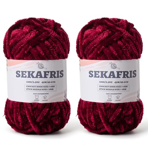 Flauschiges Chenille-Garn zum Häkeln, weiches Plüschgarn zum Handstricken, sperrig, 2 x 100 g, Babydeckengarn zum Häkeln, Amigurumi-Garne, Häkeln, flauschiges Samtgarn (2 x 50 m), Burgunderrot von Sekafris