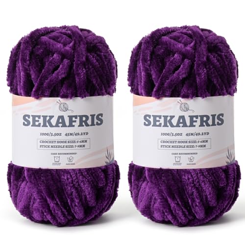 Flauschiges Chenille-Garn zum Häkeln, weiches Plüschgarn zum Handstricken, sperrig, 2 x 100 g, Babydeckengarn zum Häkeln, Amigurumi-Garne, Häkeln, flauschiges Samtgarn (2 x 50 m), Dunkelviolett von Sekafris