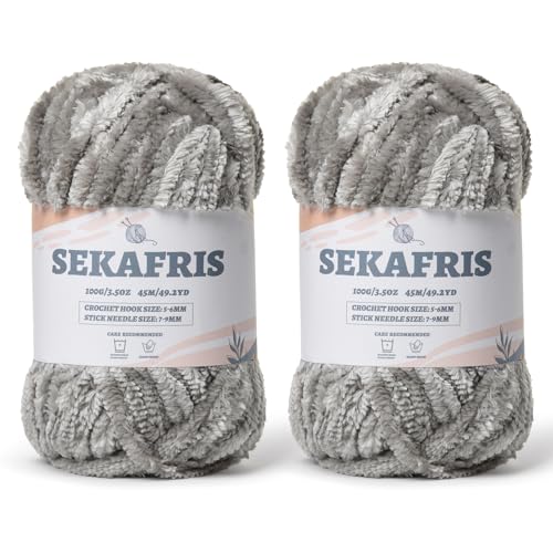 Flauschiges Chenille-Garn zum Häkeln, weiches Plüschgarn zum Handstricken, sperrig, 2 x 100 g, Babydeckengarn zum Häkeln, Amigurumi-Garne, Häkeln, flauschiges Samtgarn (2 x 50 m), Grau von Sekafris