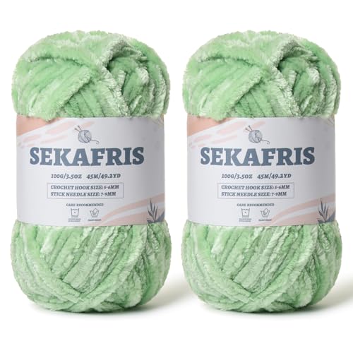 Flauschiges Chenille-Garn zum Häkeln, weiches Plüschgarn zum Handstricken, sperrig, 2 x 100 g, Babydeckengarn zum Häkeln, Amigurumi-Garne, Häkeln, flauschiges Samtgarn (2 x 50 m), Hellgrün von Sekafris