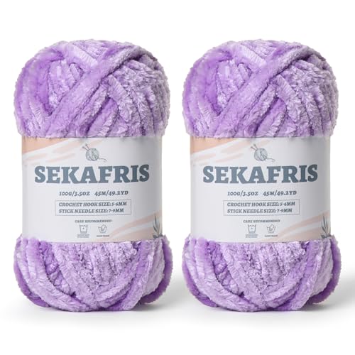 Flauschiges Chenille-Garn zum Häkeln, weiches Plüschgarn zum Handstricken, sperrig, 2 x 100 g, Babydeckengarn zum Häkeln, Amigurumi-Garne, Häkeln, flauschiges Samtgarn (2 x 50 m), Hellviolett von Sekafris
