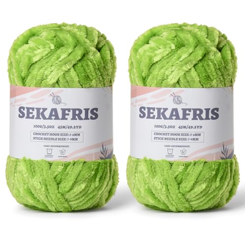 Flauschiges Chenille-Garn zum Häkeln, weiches Plüschgarn zum Handstricken, sperrig, 2 x 100 g, Babydeckengarn zum Häkeln, Amigurumi-Garne, Häkeln, flauschiges Samtgarn (2 x 50 m), Limettengrün von Sekafris