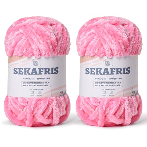 Flauschiges Chenille-Garn zum Häkeln, weiches Plüschgarn zum Handstricken, sperrig, 2 x 100 g, Babydeckengarn zum Häkeln, Amigurumi-Garne, Häkeln, flauschiges Samtgarn (2 x 50 m), Rosa von Sekafris