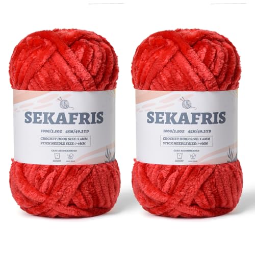 Flauschiges Chenille-Garn zum Häkeln, weiches Plüschgarn zum Handstricken, sperrig, 2 x 100 g, Babydeckengarn zum Häkeln, Amigurumi-Garne, Häkeln, flauschiges Samtgarn (2 x 50 m), Rot von Sekafris