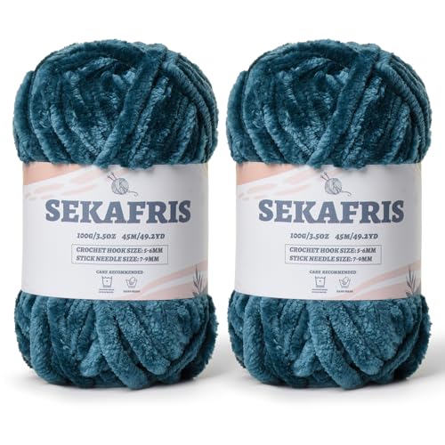 Flauschiges Chenille-Garn zum Häkeln, weiches Plüschgarn zum Handstricken, sperrig, 2 x 100 g, Babydeckengarn zum Häkeln, Amigurumi-Garne, Häkeln, flauschiges Samtgarn (2 x 50 m), Saphirblau von Sekafris