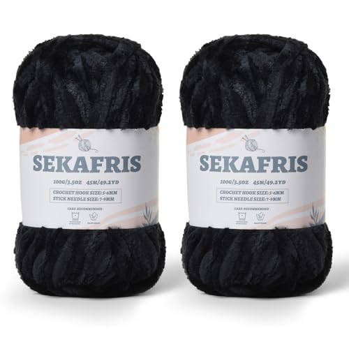 Flauschiges Chenille-Garn zum Häkeln, weiches Plüschgarn zum Handstricken, sperrig, 2 x 100 g, Babydeckengarn zum Häkeln, Amigurumi-Garne, Häkeln, flauschiges Samtgarn (2 x 50 m), Schwarz von Sekafris