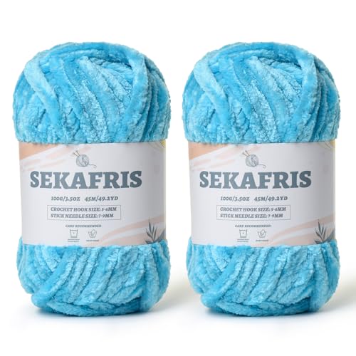Flauschiges Chenille-Garn zum Häkeln, weiches Plüschgarn zum Handstricken, sperrig, 2 x 100 g, Babydeckengarn zum Häkeln, Amigurumi-Garne, Häkeln, flauschiges Samtgarn (2 x 50 m), Seeblau von Sekafris