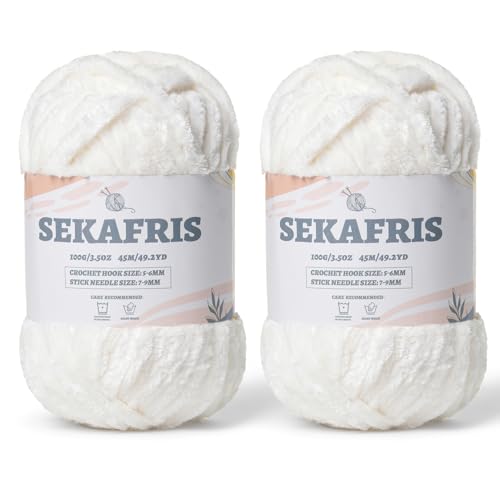 Flauschiges Chenille-Garn zum Häkeln, weiches Plüschgarn zum Handstricken, sperrig, 2 x 100 g, Babydeckengarn zum Häkeln, Amigurumi-Garne, Häkeln, flauschiges Samtgarn (2 x 50 m), Weiß von Sekafris