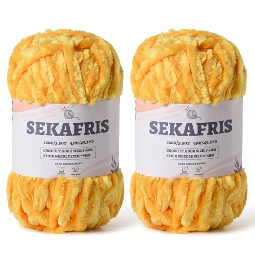 Flauschiges Chenille-Garn zum Häkeln, weiches Plüschgarn zum Handstricken, sperrig, 2 x 100 g, Babydeckengarn zum Häkeln, Amigurumi-Garne, Häkeln, flauschiges Samtgarn (2 x 50 m), goldgelb von Sekafris