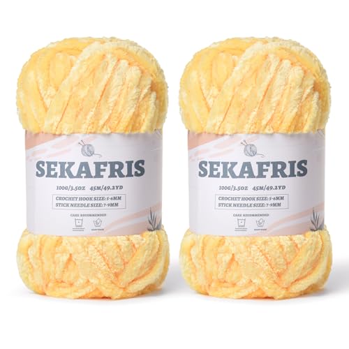 Flauschiges Chenille-Garn zum Häkeln, weiches Plüschgarn zum Handstricken, sperrig, 2 x 100 g, Babydeckengarn zum Häkeln, Amigurumi-Garne, Häkeln, flauschiges Samtgarn (gelb) von Sekafris