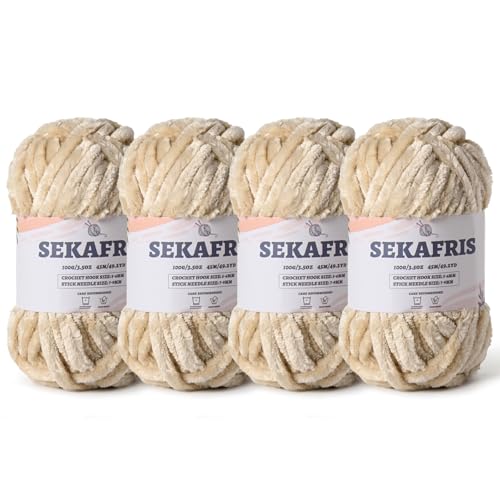 Flauschiges Chenille-Garn zum Häkeln, weiches Plüschgarn zum Handstricken, sperrig, 4 x 100 g, Babydeckengarn zum Häkeln, Amigurumi-Garne, Häkeln, flauschiges Samtgarn (4 beige) von Sekafris