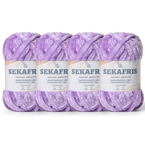 Flauschiges Chenille-Garn zum Häkeln, weiches Plüschgarn zum Handstricken, sperrig, 4 x 100 g, Babydeckengarn zum Häkeln, Amigurumi-Garne, Häkeln, flauschiges Samtgarn (4 x 49,2 yd) von Sekafris