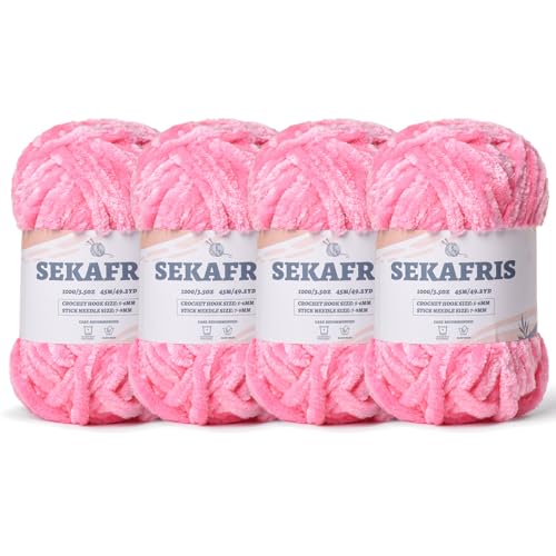 Flauschiges Chenille-Garn zum Häkeln, weiches Plüschgarn zum Handstricken, sperrig, 4 x 100 g, Babydeckengarn zum Häkeln, Amigurumi-Garne, Häkeln, flauschiges Samtgarn (4 x 50 m), Rosa von Sekafris
