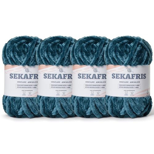 Flauschiges Chenille-Garn zum Häkeln, weiches Plüschgarn zum Handstricken, sperrig, 4 x 100 g, Babydeckengarn zum Häkeln, Amigurumi-Garne, Häkeln, flauschiges Samtgarn (4 x 50 m), Saphirblau von Sekafris