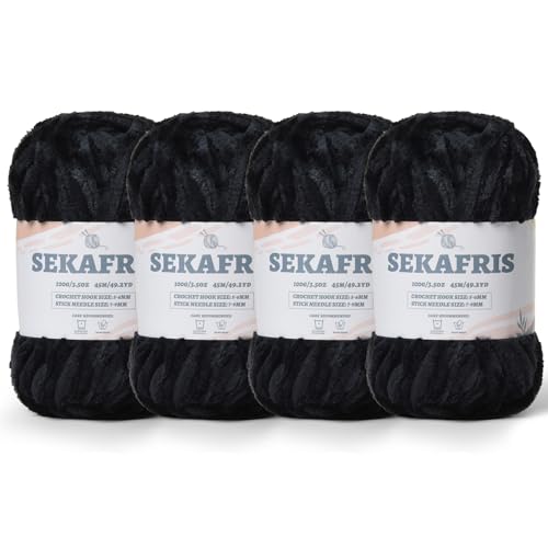 Flauschiges Chenille-Garn zum Häkeln, weiches Plüschgarn zum Handstricken, sperrig, 4 x 100 g, Babydeckengarn zum Häkeln, Amigurumi-Garne, Häkeln, flauschiges Samtgarn (4 x 50 m), Schwarz von Sekafris