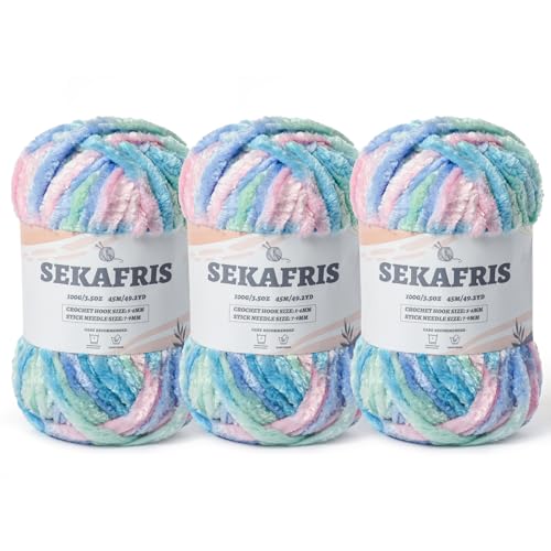 Flauschiges grobes Chenille-Garn zum Häkeln, weiches Plüschgarn zum Handstricken, sperrig, 3 x 100 g, Babydeckengarn zum Häkeln, Amigurumi-Garn, Häkeln, flauschiges Samtgarn (Candy Floss) von Sekafris