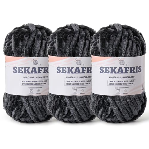 Fuzzy Chunky Chenille-Garn zum Häkeln, weiche Plüschgarne zum Handstricken, sperrig, 3 x 100 g, Babydeckengarn zum Häkeln, Amigurumi, Häkeln, flauschige Samtgarne (3 x 50 m), 3 x 50 m, Carbongrau von Sekafris