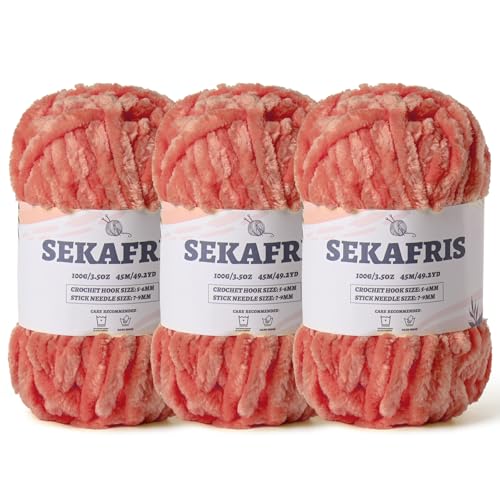 Fuzzy Chunky Chenille-Garn zum Häkeln, weiche Plüschgarne zum Handstricken, sperrig, 3 x 100 g, Babydeckengarn zum Häkeln, Amigurumi, Häkeln, flauschige Samtgarne (3 x 50 m), Grau / Rosa von Sekafris