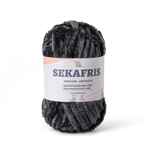 Fuzzy Chunky Chenille-Garn zum Häkeln, weiches Plüschgarn zum Handstricken, sperrig, 100 g, Babydeckengarn zum Häkeln, Amigurumi-Garn, Häkeln, flauschige Samtgarne (Carbongrau) von Sekafris