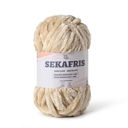 Fuzzy Chunky Chenille-Garn zum Häkeln, weiches Plüschgarn zum Handstricken, sperrig, 100 g, Babydeckengarn zum Häkeln, Amigurumi-Garne, Häkeln, flauschiges Samtgarn (Beige) von Sekafris