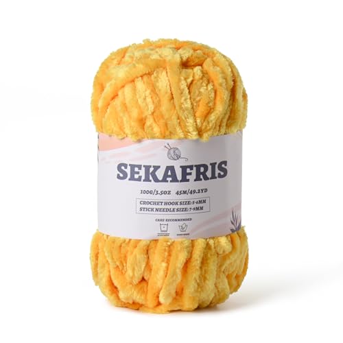 Fuzzy Chunky Chenille-Garn zum Häkeln, weiches Plüschgarn zum Handstricken, sperrig, 100 g, Babydeckengarn zum Häkeln, Amigurumi-Garne, Häkeln, flauschiges Samtgarn (Goldgelb) von Sekafris