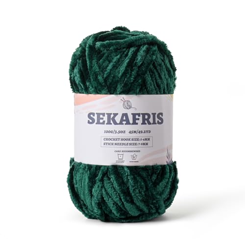 Fuzzy Chunky Chenille-Garn zum Häkeln, weiches Plüschgarn zum Handstricken, sperrig, 100 g, Babydeckengarn zum Häkeln, Amigurumi-Garne, Häkeln, flauschiges Samtgarn (dunkelgrün) von Sekafris