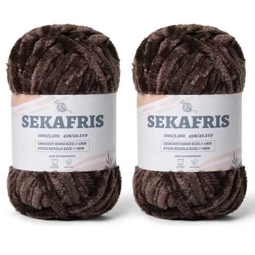 Fuzzy Chunky Chenille-Garn zum Häkeln, weiches Plüschgarn zum Handstricken, sperrig, 2 x 100 g, Babydeckengarn zum Häkeln, Amigurumi-Garne, Häkeln, flauschiges Samtgarn (2 Kaffee) von Sekafris