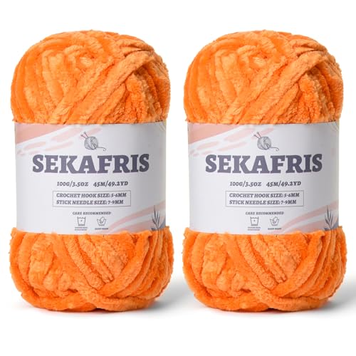 Fuzzy Chunky Chenille-Garn zum Häkeln, weiches Plüschgarn zum Handstricken, sperrig, 2 x 100 g, Babydeckengarn zum Häkeln, Amigurumi-Garne, Häkeln, flauschiges Samtgarn (2 orange) von Sekafris