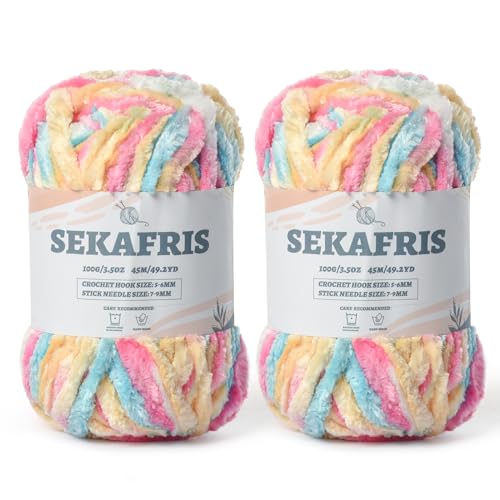 Fuzzy Chunky Chenille-Garn zum Häkeln, weiches Plüschgarn zum Handstricken, sperrig, 2 x 100 g, Babydeckengarn zum Häkeln, Amigurumi-Garne, Häkeln, flauschiges Samtgarn (2 x 50 m), Bonbonfarben von Sekafris