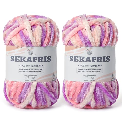 Fuzzy Chunky Chenille-Garn zum Häkeln, weiches Plüschgarn zum Handstricken, sperrig, 2 x 100 g, Babydeckengarn zum Häkeln, Amigurumi-Garne, Häkeln, flauschiges Samtgarn (2 x 50 m), Rosa Lila von Sekafris