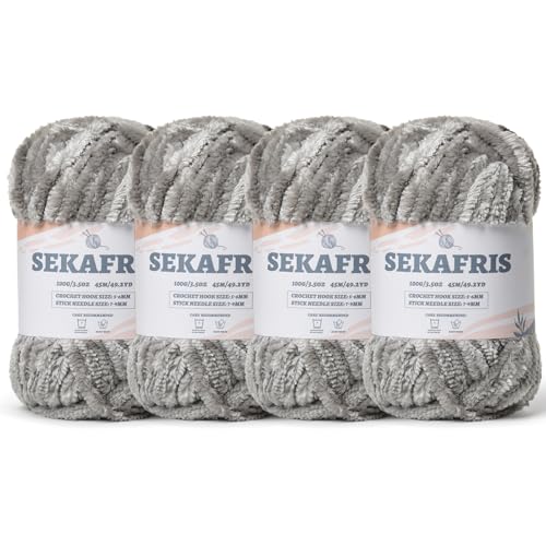 Fuzzy Chunky Chenille-Garn zum Häkeln, weiches Plüschgarn zum Handstricken, sperrig, 4 x 100 g, Babydeckengarn zum Häkeln, Amigurumi-Garne, Häkeln, flauschiges Samtgarn (4 Grau) von Sekafris