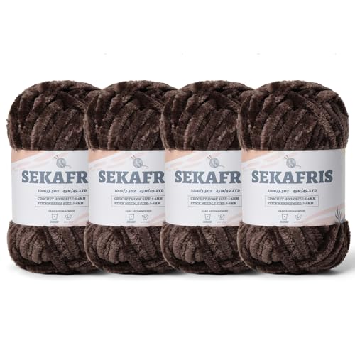 Fuzzy Chunky Chenille-Garn zum Häkeln, weiches Plüschgarn zum Handstricken, sperrig, 4 x 100 g, Babydeckengarn zum Häkeln, Amigurumi-Garne, Häkeln, flauschiges Samtgarn (4 Kaffee) von Sekafris
