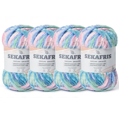 Fuzzy Chunky Chenille-Garn zum Häkeln, weiches Plüschgarn zum Handstricken, sperrig, 4 x 100 g, Babydeckengarn zum Häkeln, Amigurumi-Garne, Häkeln, flauschiges Samtgarn (4 Zuckerwatte) von Sekafris