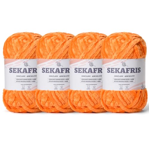 Fuzzy Chunky Chenille-Garn zum Häkeln, weiches Plüschgarn zum Handstricken, sperrig, 4 x 100 g, Babydeckengarn zum Häkeln, Amigurumi-Garne, Häkeln, flauschiges Samtgarn (4 orange) von Sekafris