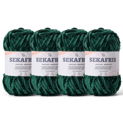 Fuzzy Chunky Chenille-Garn zum Häkeln, weiches Plüschgarn zum Handstricken, sperrig, 4 x 100 g, Babydeckengarn zum Häkeln, Amigurumi-Garne, Häkeln, flauschiges Samtgarn (4 x 49,2 yd) (4 x 50 m von Sekafris