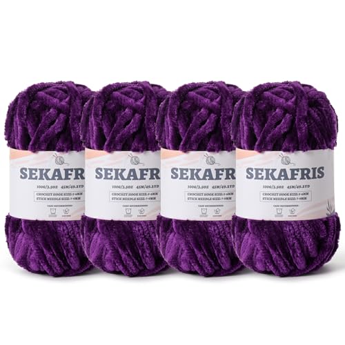 Fuzzy Chunky Chenille-Garn zum Häkeln, weiches Plüschgarn zum Handstricken, sperrig, 4 x 100 g, Babydeckengarn zum Häkeln, Amigurumi-Garne, Häkeln, flauschiges Samtgarn (4 x 49,2 yd) Dunkelviolett von Sekafris