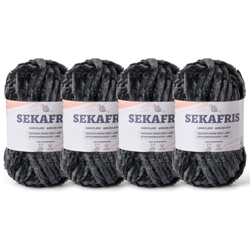 Fuzzy Chunky Chenille-Garn zum Häkeln, weiches Plüschgarn zum Handstricken, sperrig, 4 x 100 g, Babydeckengarn zum Häkeln, Amigurumi-Garne, Häkeln, flauschiges Samtgarn (4 x 49,2 yd) von Sekafris