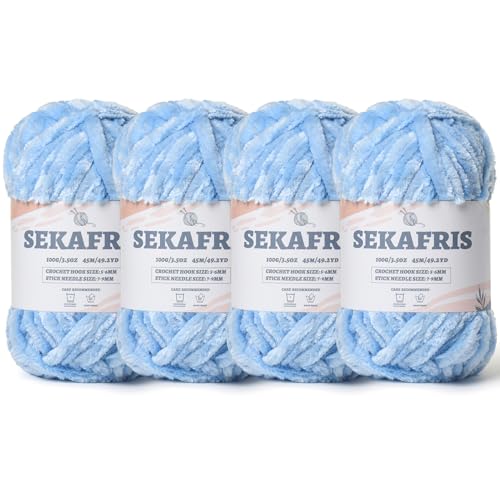 Fuzzy Chunky Chenille-Garn zum Häkeln, weiches Plüschgarn zum Handstricken, sperrig, 4 x 100 g, Babydeckengarn zum Häkeln, Amigurumi-Garne, Häkeln, flauschiges Samtgarn (4 x 50 m), Azurblau von Sekafris
